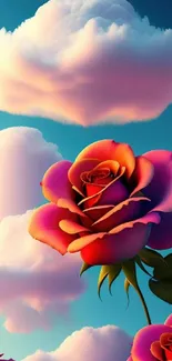 Vibrant roses with dreamy clouds background.