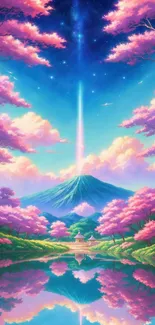 Dreamy landscape with sakura and mountain under starlit sky wallpaper.