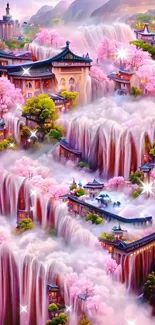 Dreamy landscape with sakura trees and cascading waterfalls, set in a fantasy design.