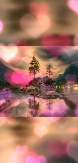 Dreamy landscape with hearts and trees on rock.