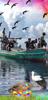 Surreal artwork of a fishing boat with sea creatures and vibrant skies.