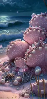 Seashells on a serene beach under moonlight creating a fantasy scene.