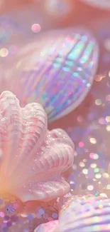 Dreamy iridescent seashells with sparkles wallpaper.