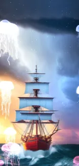 Colorful fantasy wallpaper with ship and jellyfish under a mystical sky.