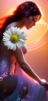 Silhouette with a glowing daisy in vibrant colors.