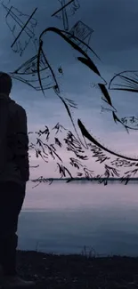 Silhouette by water with artistic sky illustration.