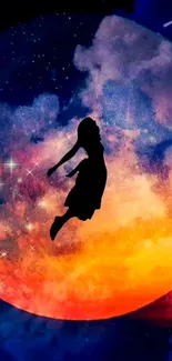 Silhouette of a girl floating in a vibrant galaxy sky.