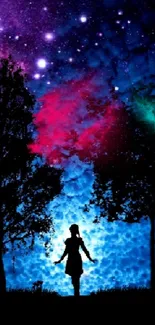 Silhouette of a girl under a vibrant starlit sky.