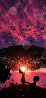 Child silhouette in colorful sunset with tree and birds.