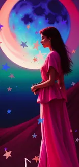 Silhouette of a woman under a dreamy, colorful moonlit sky in vibrant hues.