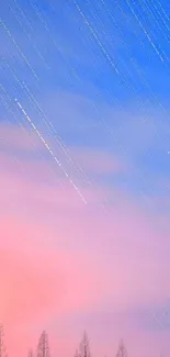 Mobile wallpaper of dreamy sky with star trails, pink clouds, and tree silhouettes.