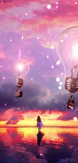 Dreamy wallpaper with floating lightbulbs at sunset.