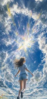 Girl floating towards radiant sky among clouds.