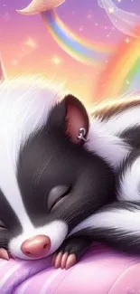 Whimsical skunk sleeping on a pastel rainbow background.