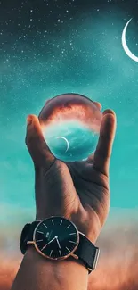 Hand holding crystal ball against starry sky with crescent moon.