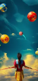 Surreal landscape with balloons against a vibrant blue sky, featuring a traditionally dressed figure.