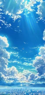 Dreamy sky with sunlit clouds over a cityscape.