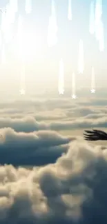 Eagle soaring over clouds under a starry sky backdrop.