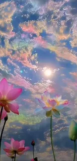 Colorful clouds and flowers under a dreamy sky.