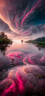 Surreal pink and purple clouds reflected in a calm lake, creating a dreamy atmosphere.