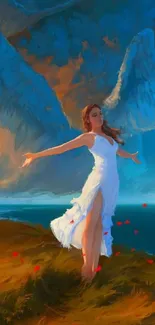 Artistic wallpaper of a woman in a white dress under a vibrant sky.