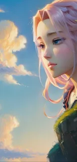 Anime character gazes at a dreamy sky with fluffy clouds.