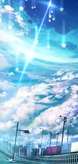 Anime style dreamy sky scene with clouds and vibrant colors.