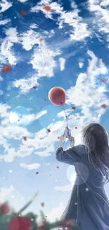 Anime girl with balloon under a blue sky.