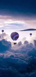 Hot air balloons soar above clouds against a dark sky.