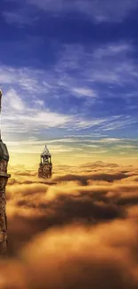 Fantasy castle floating above clouds with blue sky at sunset.