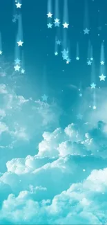 Dreamy blue sky with fluffy clouds and stars, creating a serene mobile wallpaper.