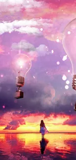 Surreal wallpaper with light bulbs and a dreamy sky at sunset.