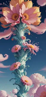 Surreal floral artwork with vivid colors and dreamy sky.