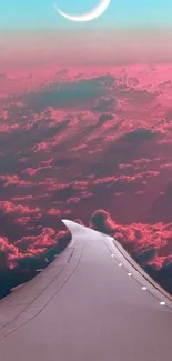 Dreamy airplane view with pink clouds and crescent moon.