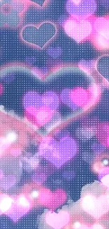 Dreamy blue and pink heart-themed wallpaper with clouds.