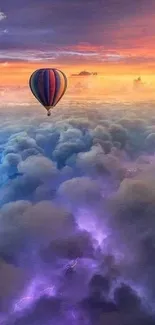 Hot air balloon floating above colorful clouds at sunset.