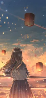 Anime girl watching sky lanterns at sunset.