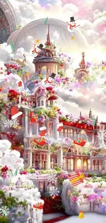 Dreamy cloud palace with vibrant flowers and ethereal architecture in fantasy art.