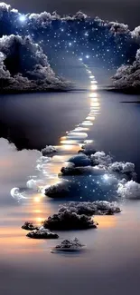 Night sky with stars and a mystical pathway over the ocean.