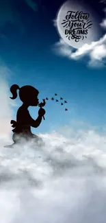 Dreamy silhouette of a girl on clouds with a motivational sky background.