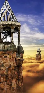 Enchanted towers rise above golden clouds in a vivid sky, creating a dreamlike view.