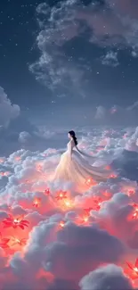 A serene fantasy scene of a woman walking on glowing clouds in the night sky.