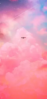 Airplane flying through pink clouds in a starry sky.