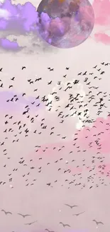 Dreamy pastel sky with moon and birds.