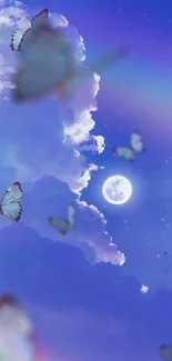 Dreamy sky wallpaper with moon, rainbow, and butterflies in a blue celestial scene.