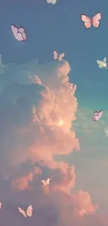 A dreamy sky wallpaper with clouds and butterflies in soft pastel tones.