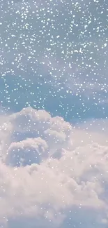 Dreamy sky with soft clouds and gentle snowfall, light blue and serene.