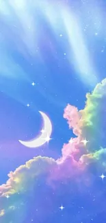 Colorful sky with crescent moon and clouds in a dreamy wallpaper design.