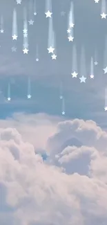 Dreamy sky wallpaper with falling stars and soft clouds.