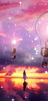 Surreal wallpaper with light bulbs in a sunset sky.